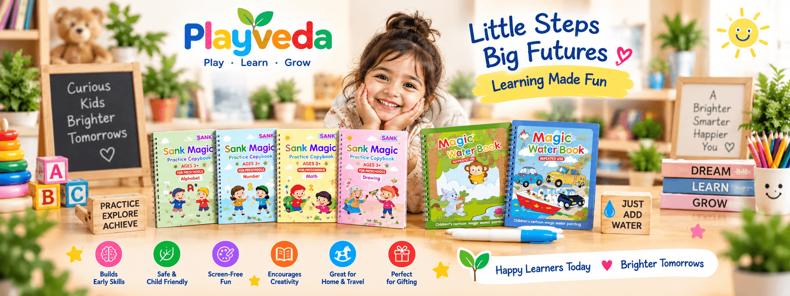 PlayVeda educational products and happy child in a bright learning space